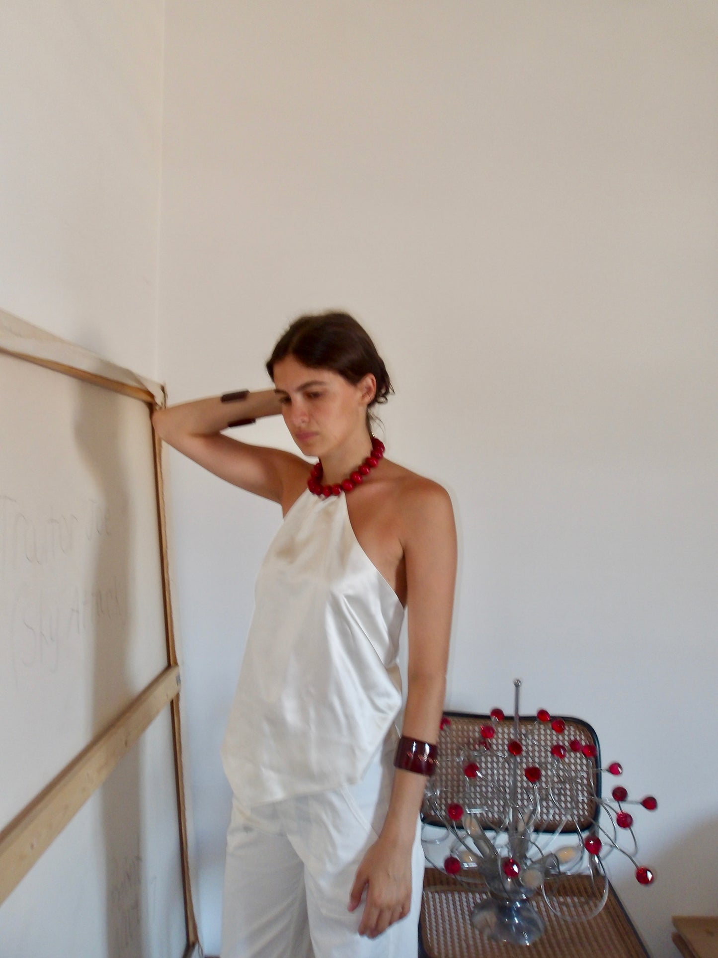 Costanza Top in White silk and Red