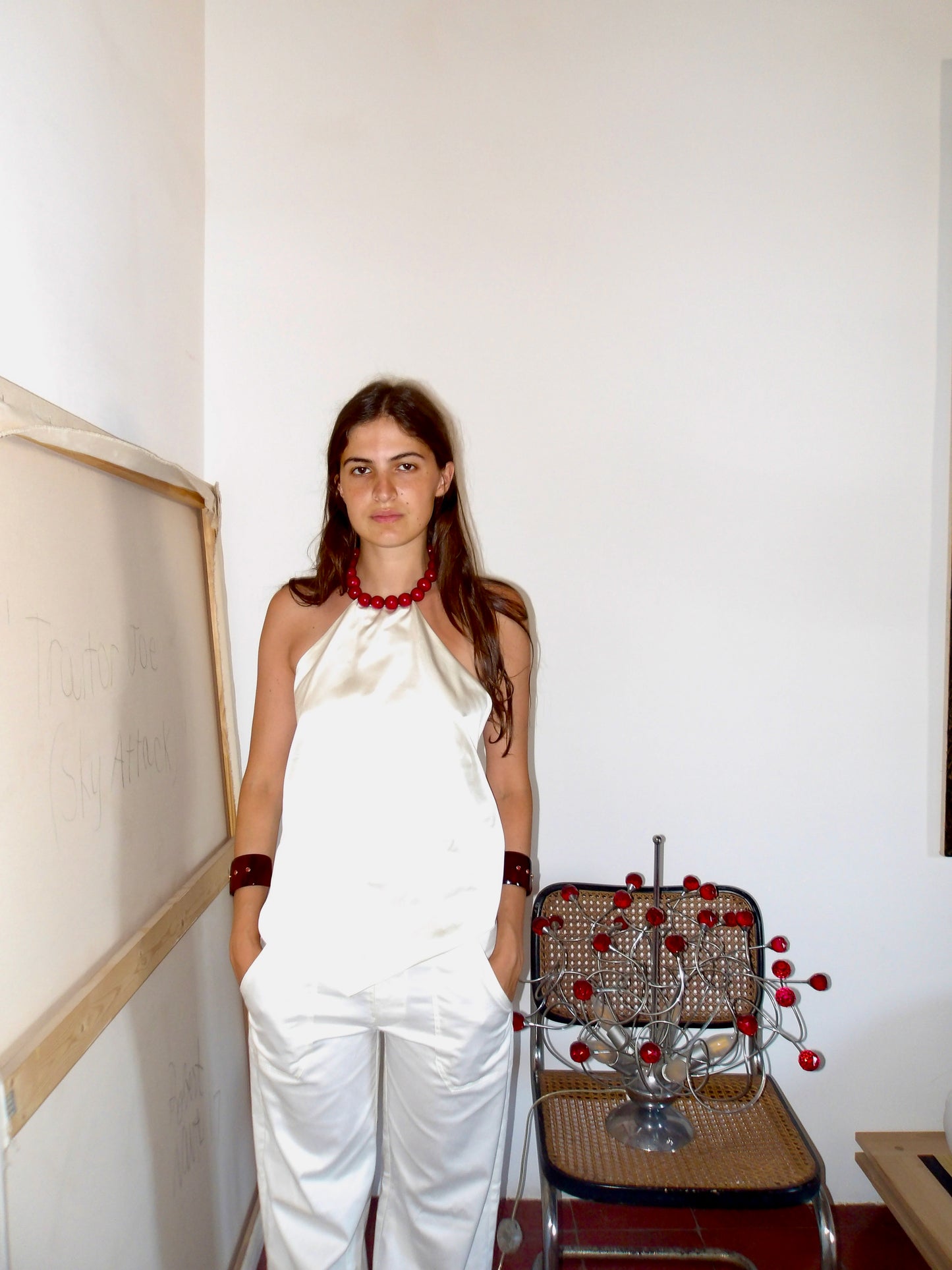 Costanza Top in White silk and Red
